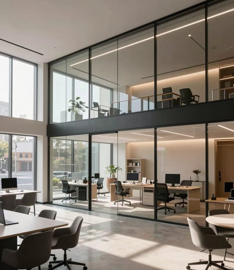Wide-angle architectural shot of a modern, innovative creative studio interior with glass walls and minimalist furniture, soft morning sunlight, sophisticated North American professional environment.