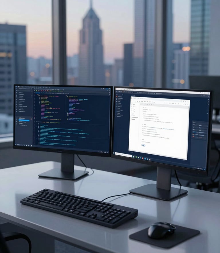 A high-end professional workstation in a North American skyscraper office, dual monitors displaying complex web code and minimalist design layouts, soft twilight lighting, polished glass desk surfaces, sophisticated deep blue and silver color palette.