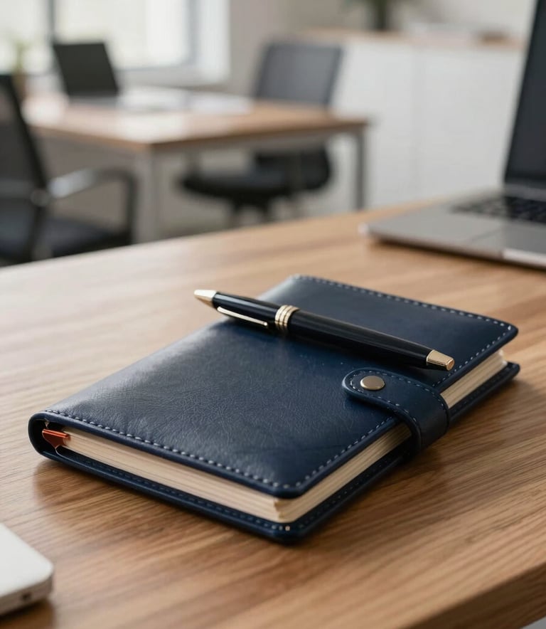 A close-up of a professional wooden desk with a leather portfolio and high-end pen, with a blurred background of a modern office in Dark Navy and Soft Off-white tones.