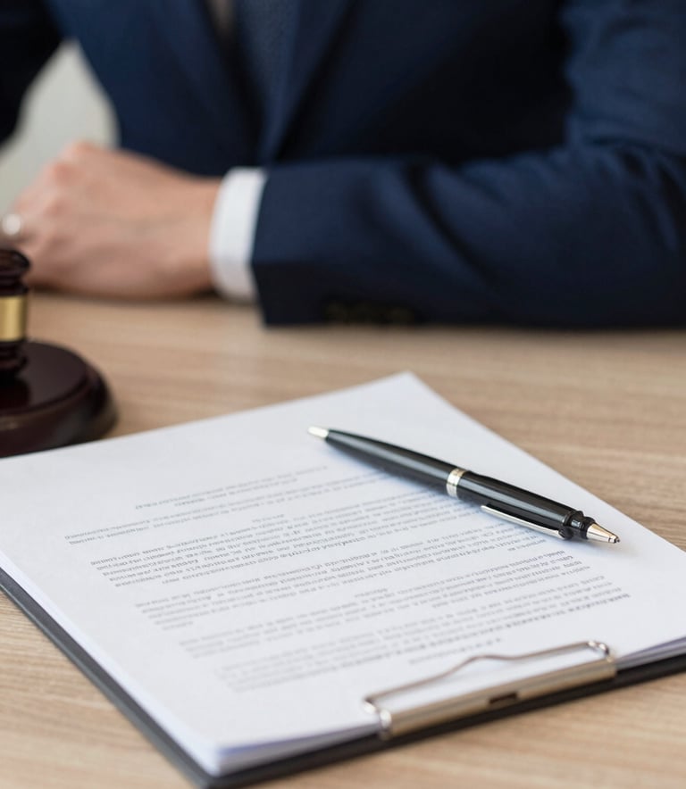 A close-up photograph of professional legal documents and a pen on a clean wooden desk. In the background, out of focus, a person in a deep navy blue blazer is working. The atmosphere is professional, organized, and expert.