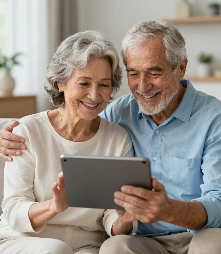 An elderly couple smiling together while looking at a tablet, dressed in Soft Off-white and Sky Blue, in a brightly lit modern living room, conveying happiness and security.