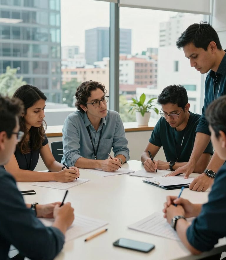 A photography of a group of diverse professionals in a collaborative workshop setting in a modern city like Mexico City or Bogota. Latin American / General Spanish-speaking individuals engaged in active learning. Soft daylight, palette dominated by Teal and Off-white.