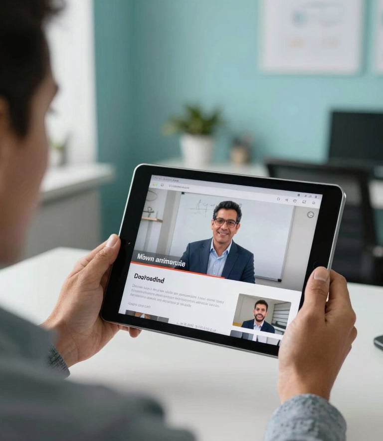 A close-up photography of a professional person in a Latin American / General Spanish-speaking office environment using a tablet to watch an online seminar. The room is filled with soft light and features accents of Teal and Light Blue in the modern decor.
