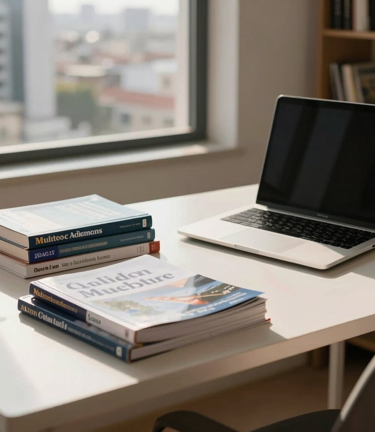 A modern home office in a Latin American city, featuring professional textbooks and a laptop on a clean white desk, illuminated by warm morning light.