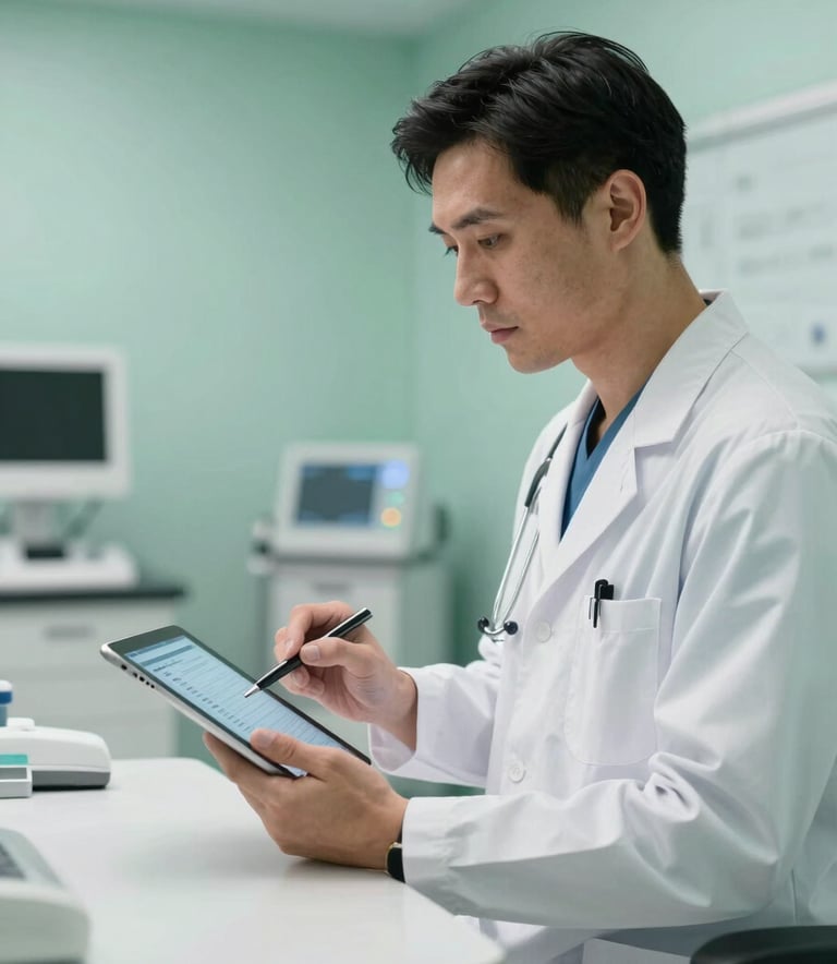 A professional North American healthcare provider in a modern clinic environment using a sleek tablet device to review patient data, natural bright light, sophisticated medical setting with seafoam green accents.