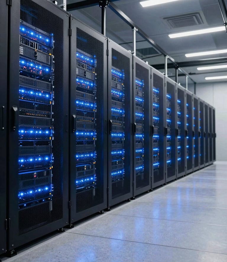 An wide-angle shot of a sophisticated, climate-controlled data center in the US. Blue glowing lights along the server racks reflect on a polished floor. The aesthetic is clean and high-tech, emphasizing reliability and modern innovation.