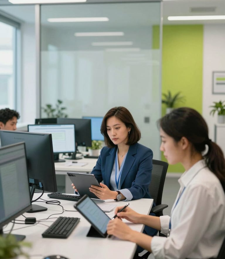 A bright, modern North American medical administrative office with clean glass partitions. Professionals in smart-casual attire use high-tech tablets and desktop monitors. The lighting is soft and natural, featuring Alice Blue and Seafoam Green accents in the decor.