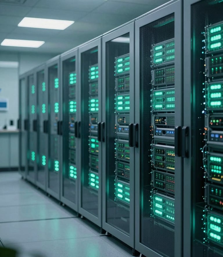 A sophisticated North American data center interior with soft glowing seafoam green and blue lighting, representing secure medical data storage and advanced healthcare infrastructure.