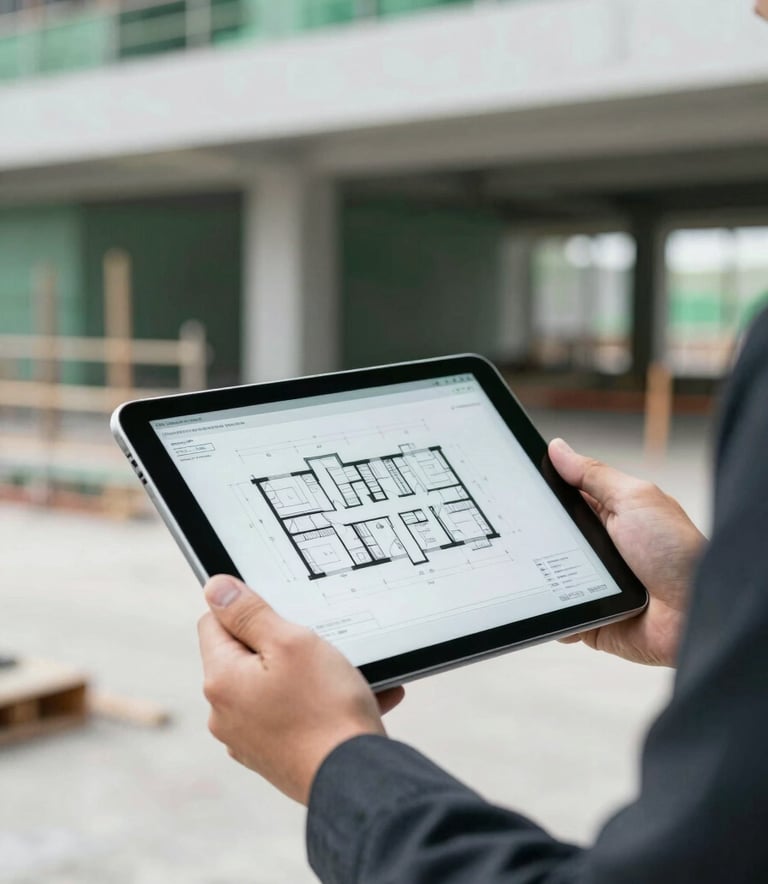 A close-up shot of a professional construction manager's hands holding a digital tablet displaying high-precision 3D architectural plans. The background shows a modern construction site with clean lines, soft focus, featuring the corporate palette of muted greens (#52796F) and charcoal (#2F3E46). High-end, trustworthy atmosphere.