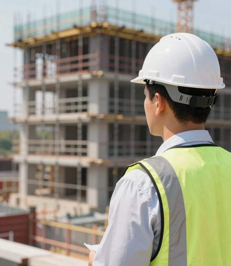 A professional engineer wearing a white safety helmet looking at a construction site with organized scaffolding, bright day lighting.