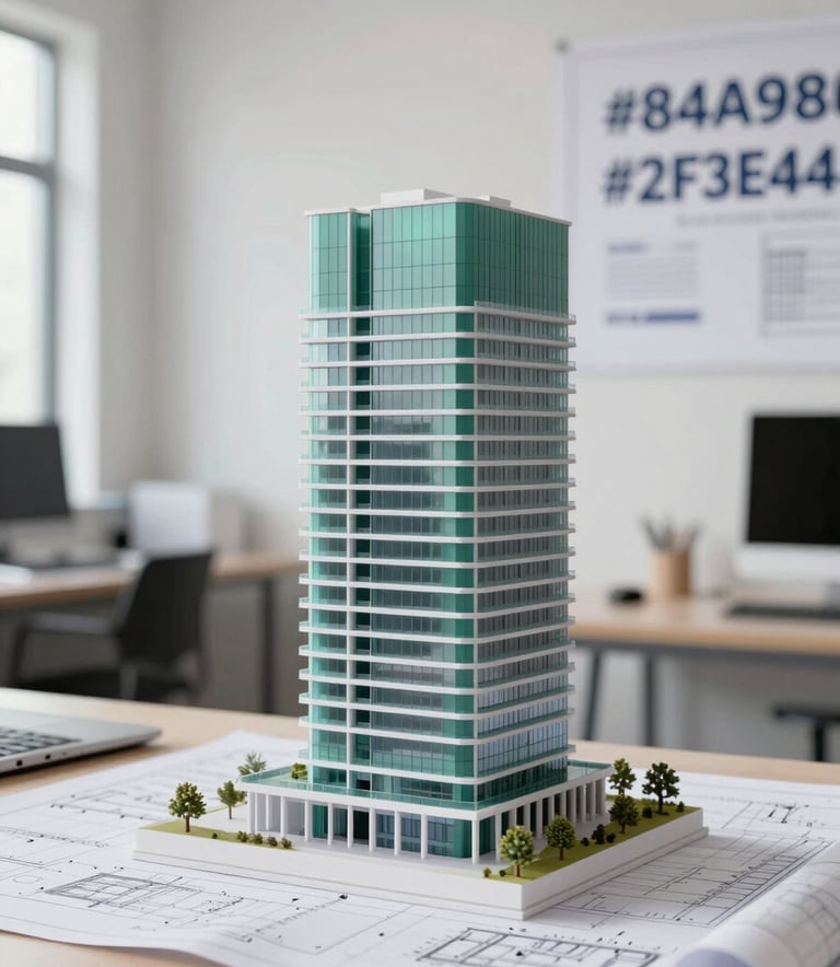 Architectural studio environment featuring technical blueprints and a model of a modern building. Lighting is bright and professional. Sophisticated aesthetic with colors reflecting the brand palette #84A98C and #2F3E46. Minimalist and organized composition conveying reliability.