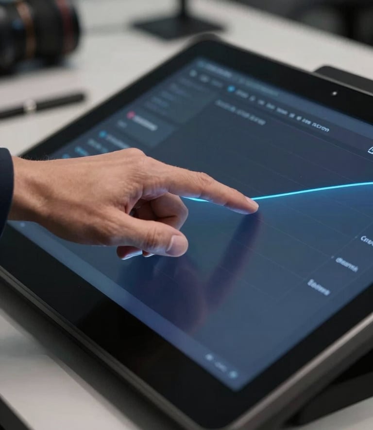 A close-up photograph of a professional's hands interacting with a high-resolution touchscreen display in a sleek North American tech office, featuring sophisticated lighting with deep navy and steel blue color tones.