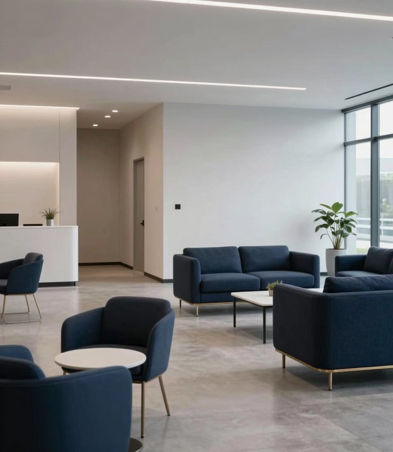 A wide-angle photography shot of a minimalist North American creative agency lobby with sleek architecture. The setting features professional furniture in deep navy blue and light grey tones under soft, innovative overhead lighting, creating a sophisticated and forward-thinking atmosphere.
