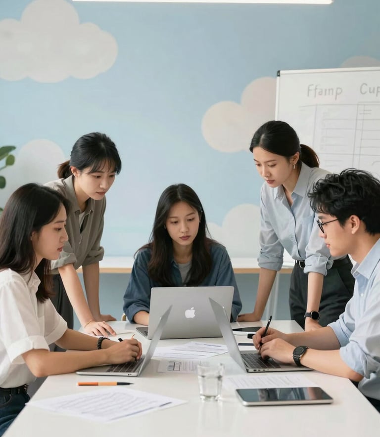 A creative team of professionals collaborating in a bright, modern North American design studio, focused on a project brainstorming session, sky blue and soft cloud color palette, clean and professional atmosphere.