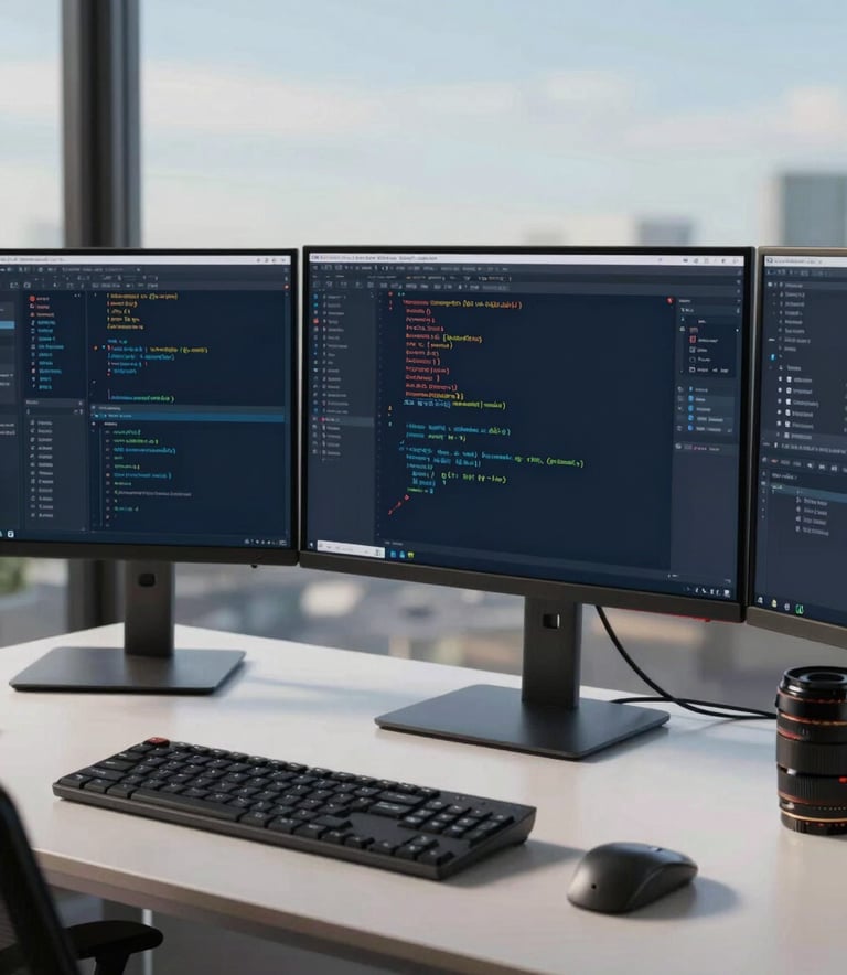 A professional studio shot of a modern tech-driven North American workspace. The scene features a desk with multiple monitors displaying clean code and high-end design software, illuminated by soft natural morning light, emphasizing deep navy and muted sky blue tones.