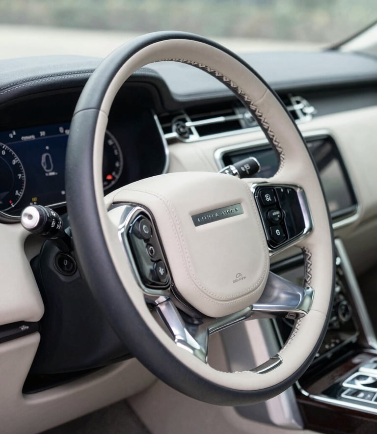 A close-up photograph of a luxury SUV's polished dashboard and leather-wrapped steering wheel. The lighting is soft and natural, highlighting the pristine condition of the interior. Accents of Slate Steel Blue and Mist White are visible in the digital display and reflections, conveying modern professionalism.