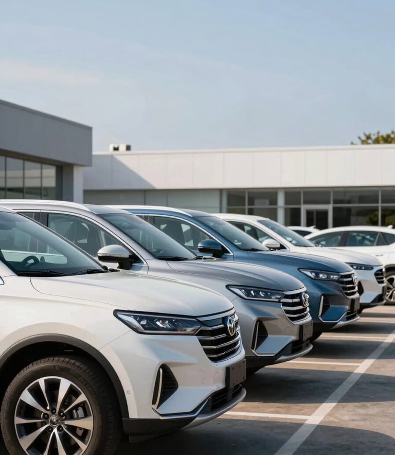 A row of high-quality, polished used SUVs in a modern dealership lot under a bright, clear sky. The colors are predominantly soft off-white and steel blue, reflecting a clean and professional environment.