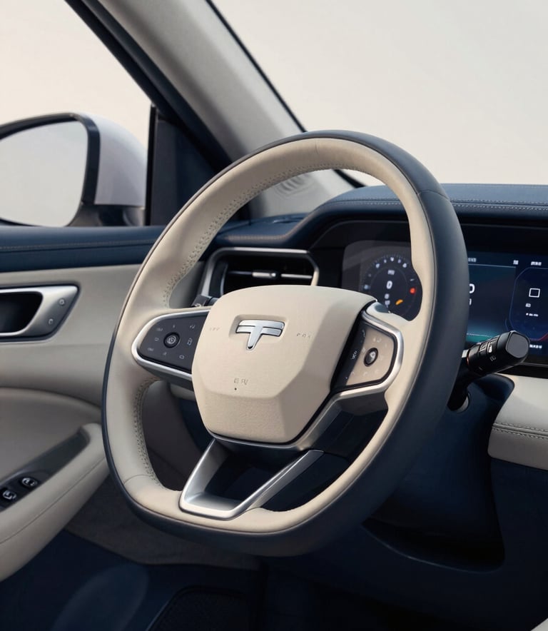 Interior of a modern vehicle showing a clean leather steering wheel and a digital dashboard, shot with professional lighting in tones of steel blue and soft off-white.