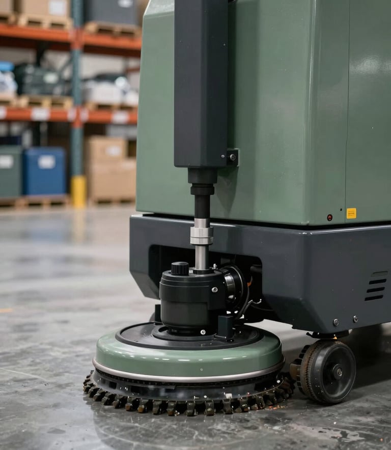 A close-up of a high-tech industrial floor cleaning machine operated by a professional in a large Central European / French warehouse, with clear reflections on the polished concrete floor, Sage Green accents.