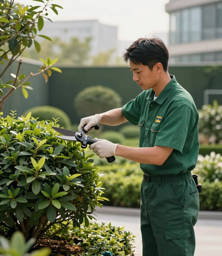 A professional landscaper in a Forest Green uniform carefully pruning shrubs in a modern Central European / French corporate garden, soft morning lighting, focus on precision and the vibrant green foliage.