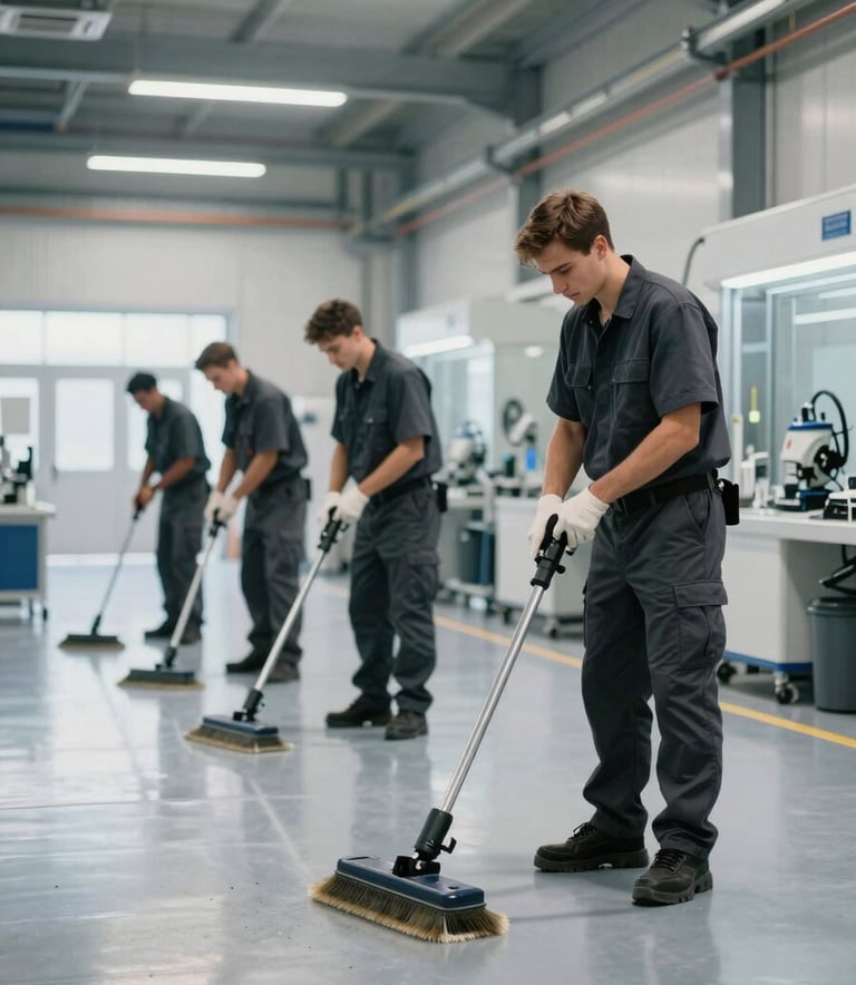 A clean, modern industrial facility in Central Europe / France. A team wearing Dark Slate uniforms operates professional cleaning equipment on a polished floor that reflects Mist-colored overhead lighting. Efficient and meticulous atmosphere.