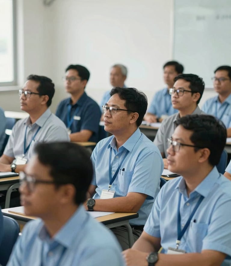 A group of Southeast Asian / Indonesian academics attending a workshop, showing engagement and collaboration, bright academic hall setting, professional attire, soft lighting, incorporating Powder Blue tones.