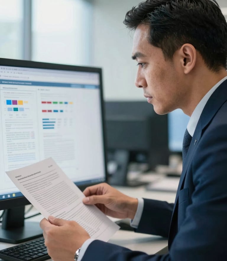 A close-up of a professional academic in a modern Southeast Asian / Indonesian office setting, reviewing scientific papers on a digital screen, soft morning light, professional and focused atmosphere, with hints of Navy Blue and Steel Blue in the environment.