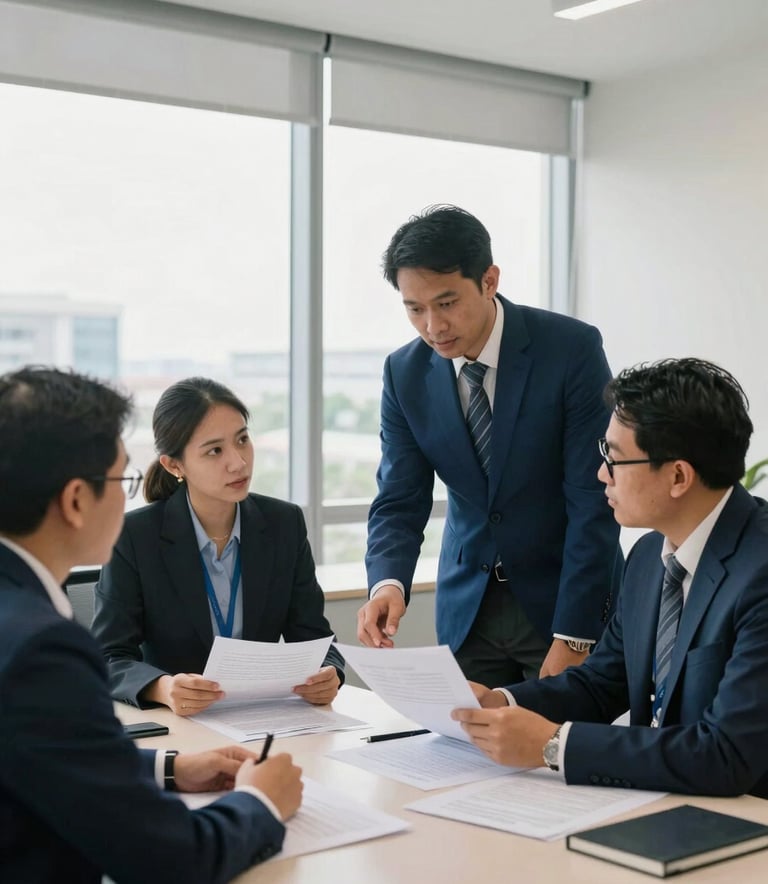 A group of professional academic consultants in a modern Southeast Asian / Indonesian office setting, discussing a scientific manuscript. The room is bright with large windows, featuring a palette of Deep Blue and Off-white. The atmosphere is collaborative and professional.