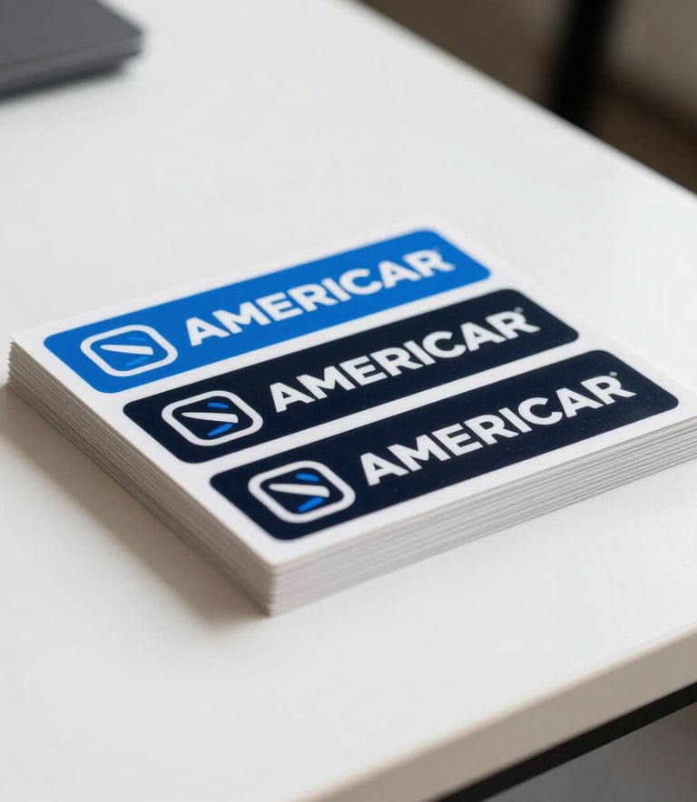 A stack of professionally printed branding stickers on a minimalist white table, showcasing vibrant electric blue and black colors in a North American design studio.