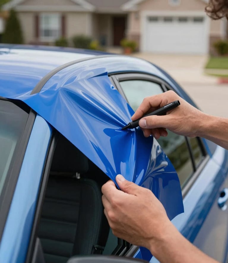 A detailed shot of a person's hands applying a glossy blue vinyl decal to a clean vehicle window, capturing the precision and durability of the material, North American suburban driveway.
