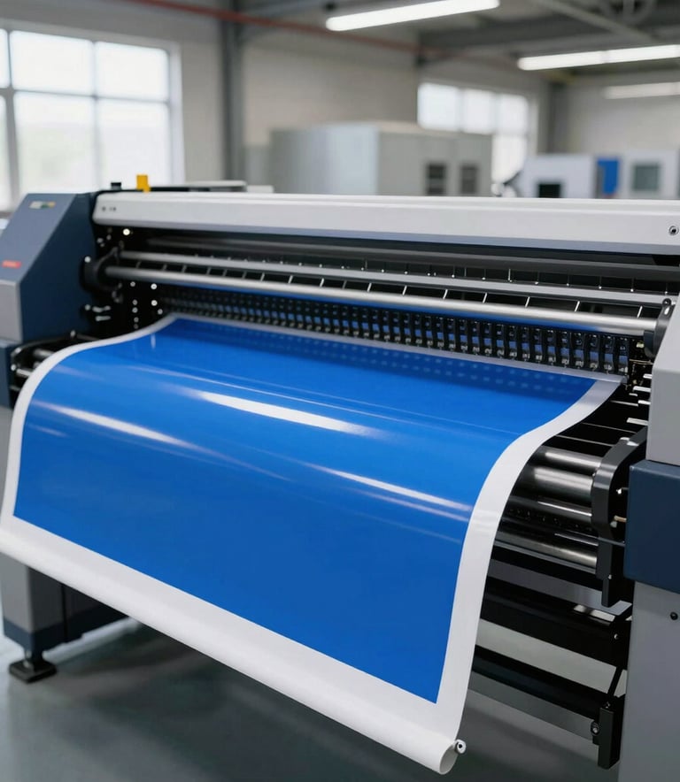 Professional wide-shot of a modern large-format industrial printer in a clean North American production facility, printing vibrant blue vinyl stickers, bright natural lighting, sharp focus.