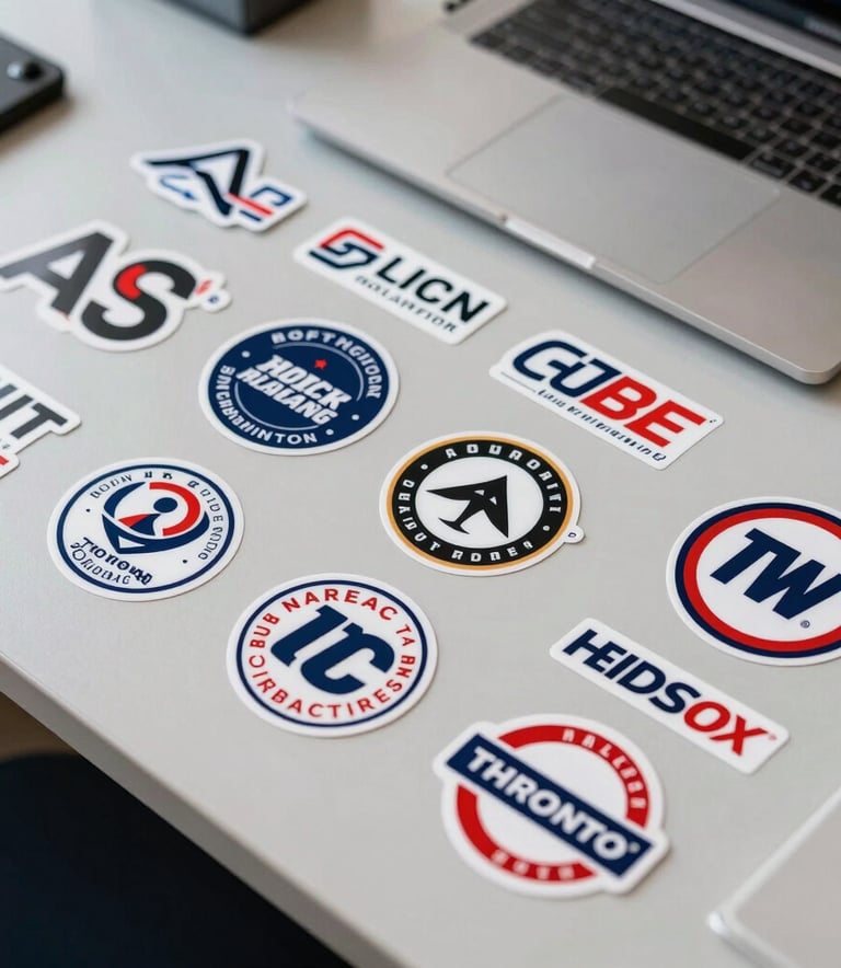 Overhead shot of various finished custom stickers—die-cut logos, laptop decals, and business branding—arranged neatly on a light grey designer's desk in a North American studio, bright clean style.
