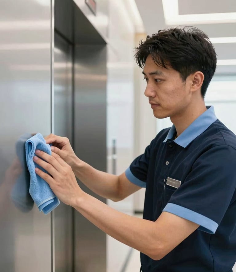 A professional cleaning expert in a North American / US office building, wearing a neat uniform with light blue accents, focusing on sanitizing a high-touch elevator panel with a microfiber cloth, bright and modern corporate lighting.