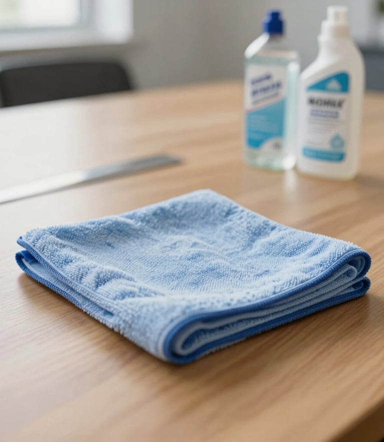 Close up of a professional microfiber cleaning cloth and specialized non-toxic cleaning agents on a clean wooden conference table in a bright North American office.