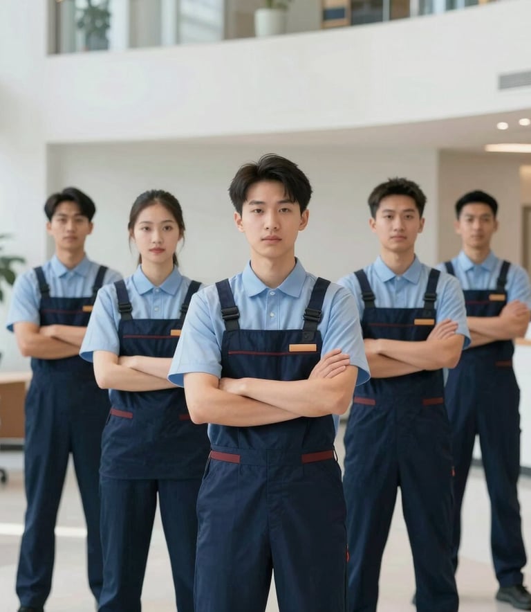 A group of professional cleaning staff in coordinated uniforms standing confidently in a clean, modern North American / US office lobby, bright lighting, representing trust and reliability.