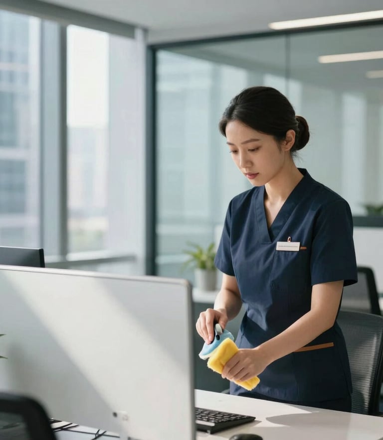 A focused professional cleaning specialist in a modern corporate uniform carefully dusting a sleek minimalist glass-partitioned office workspace in a North American business district during the day.