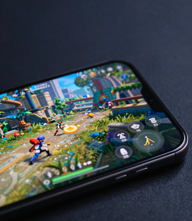 A close-up of a high-end mobile device screen showing a vibrant, sophisticated game interface in a Global / International urban setting with deep charcoal navy accents and sharp focus.