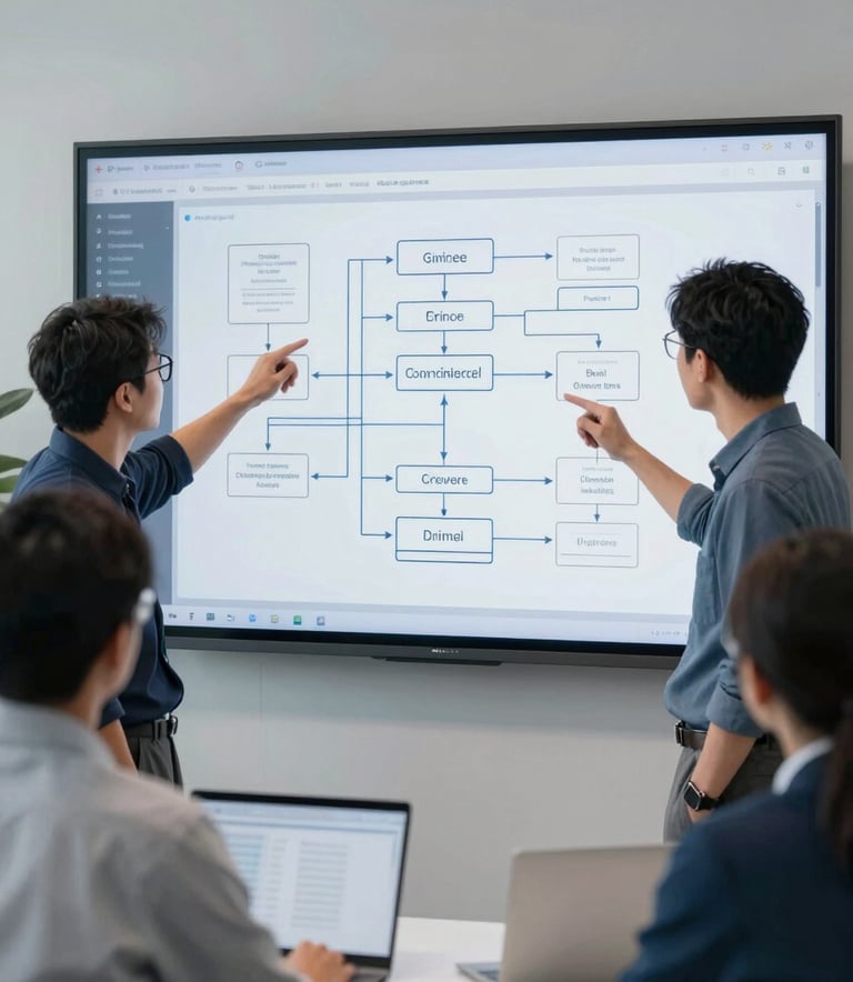 Professional software engineers in a Global / International collaborative workspace, discussing complex app architecture on a large digital screen. The environment is styled with muted steel blue and crisp pearl white, emphasizing a clean, cutting-edge professional vibe.