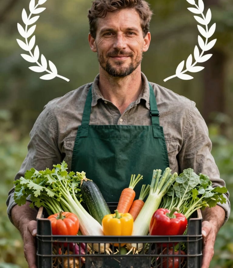 A warm, authentic portrait of a local farmer in a matte forest green apron holding a crate of fresh, vibrant vegetables.