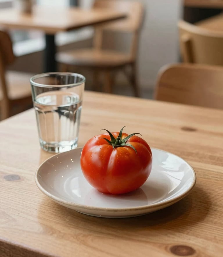 A cozy, Scandinavian-style cafe interior with light wood furniture. On a table sits a ceramic plate with a single, perfectly ripe deep ripe crimson tomato next to a glass of water. Soft, natural morning light creates a warm and authentic atmosphere.