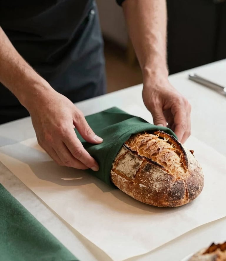 Behind-the-scenes action shot of a professional photography session for a local restaurant. A team member is adjusting a matte forest green napkin next to a rustic loaf of bread on a crisp parchment surface. Clean, professional lighting.