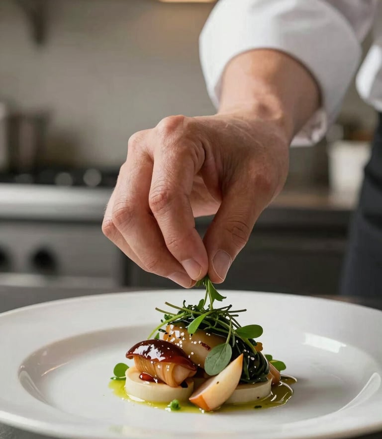 A close-up photograph of a chef's hand carefully garnishing a gourmet dish with fresh herbs in a modern kitchen with crisp parchment walls.