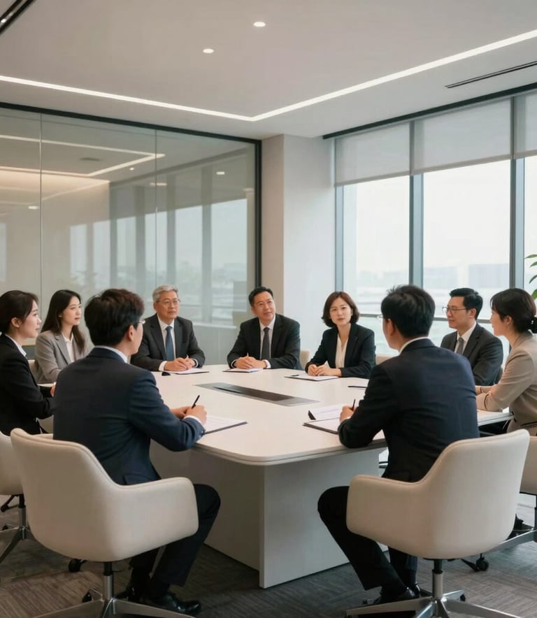 A group of real estate professionals collaborating in a modern North American / US conference room with high ceilings, glass walls, and minimalist off-white furniture. Professional atmosphere with soft natural lighting and beige accents.