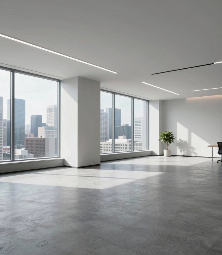 A wide-angle photography shot of a bright, minimalist office space in a modern North American / US city. Large windows show a skyline, while the interior features clean lines, soft gray textures, and professional lighting.