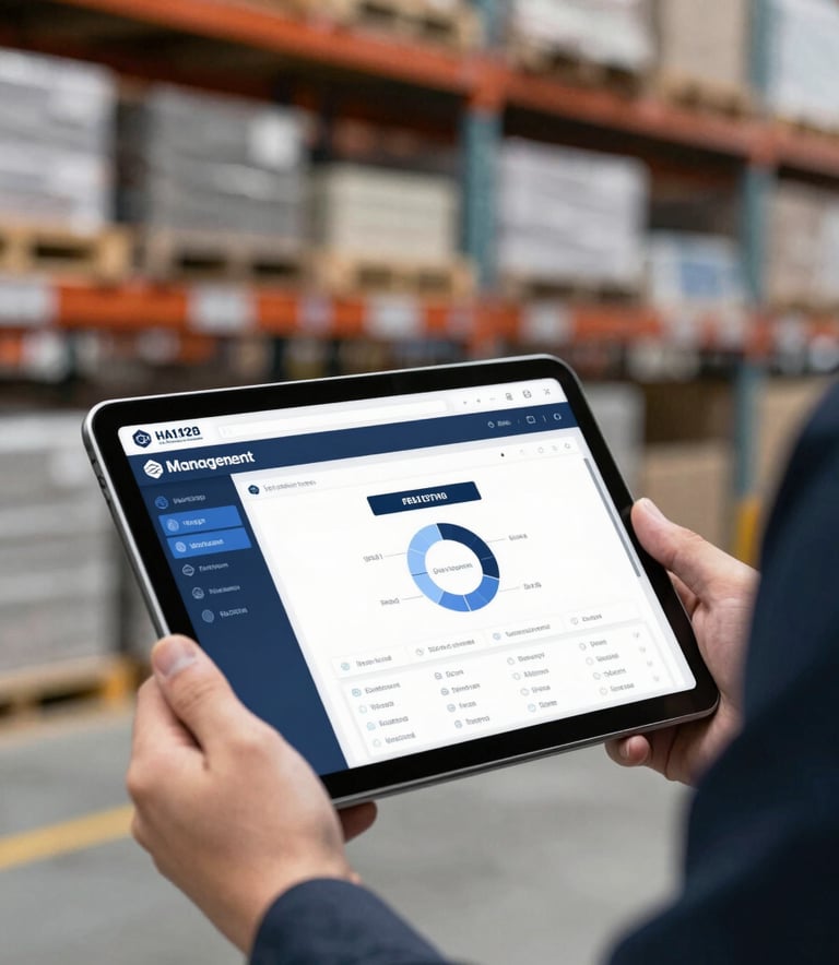 Close-up of professional warehouse management software on a digital tablet held by a staff member, with blurred high-tech warehouse racks in the background, utilizing a palette of #0A1F28 and #8DB6CC.