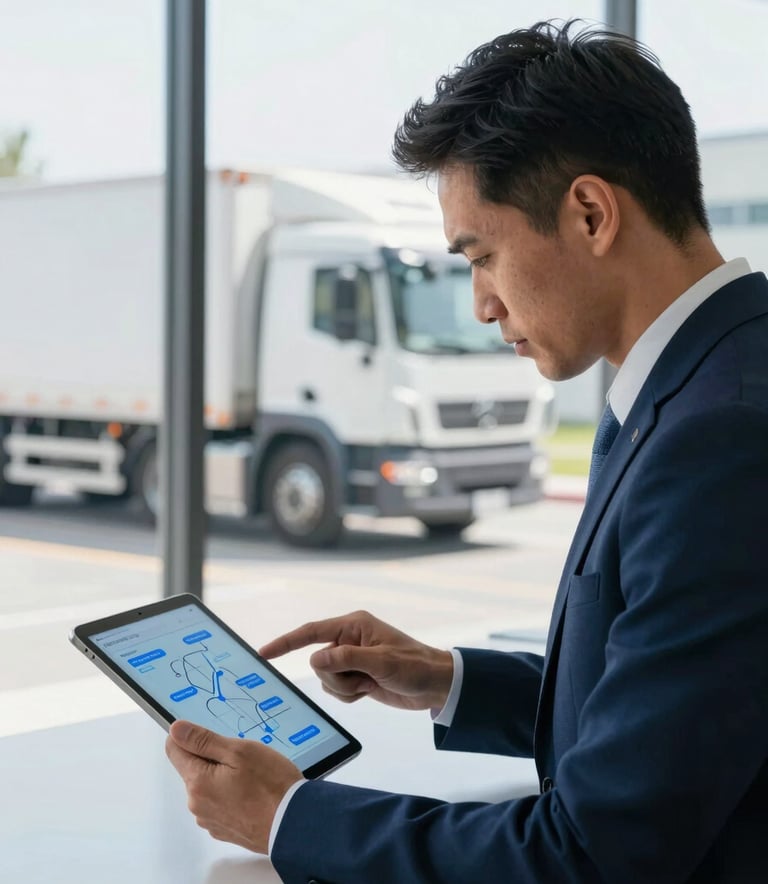 A professional logistics expert in a sleek office setting in Chile, looking at a digital tablet showing supply chain routes. In the background, through a large window, a modern cargo truck with clean lines is visible. The scene is dominated by professional tones of navy (#0A1F28) and light blue (#8DB6CC).