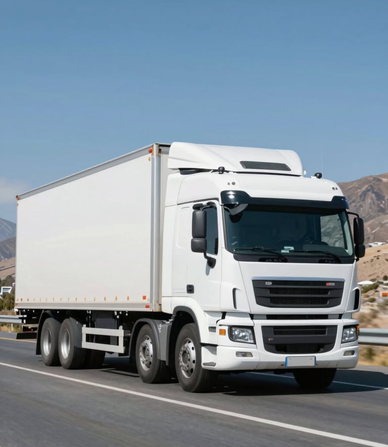 A modern white semi-truck with a clean design driving on a scenic Chilean highway under a clear sky, professional corporate photography style incorporating #F2F5F7 and #3A5F70.