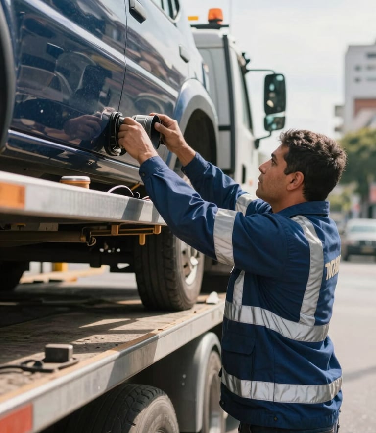 Close-up of a professional tow truck operator in a high-visibility uniform with navy and light blue accents, securing a vehicle on a flatbed. South American city street setting during the day, bright and professional lighting, focus on safety and reliability.