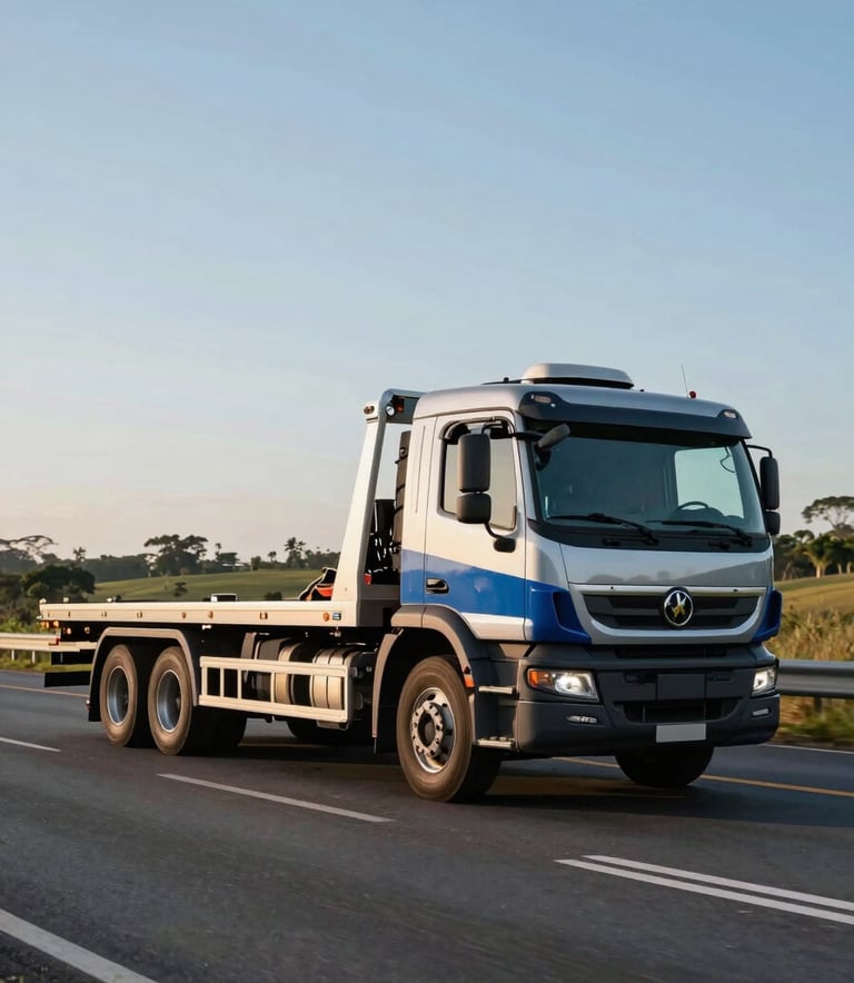 A modern flatbed tow truck driving along a scenic Brazilian highway under a clear sky. The truck is clean, featuring steel blue and navy branding. The composition is wide, conveying a sense of movement and efficient service.