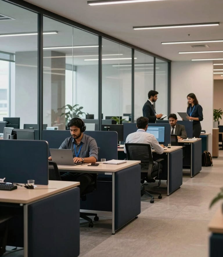 A wide-angle professional photograph of a contemporary corporate workspace in Gurugram. The scene features a clean, technology-driven environment with glass partitions and elegant dark navy furniture. South Asian / Indian professionals are seen working collaboratively in the background under soft, efficient lighting.